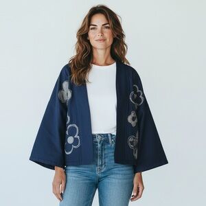 Indigo Denim Haori Kimono Jacket with Floral Embroidery Medium